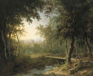 A figure on a bridge before a village at dusk by Abraham Pether
