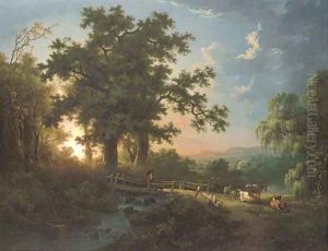 A wooded river landscape, with a faggot gatherer on a bridge, cattle and sheep by Abraham Pether