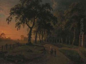 Figures on a parkland track with a country house beyond by Abraham Pether