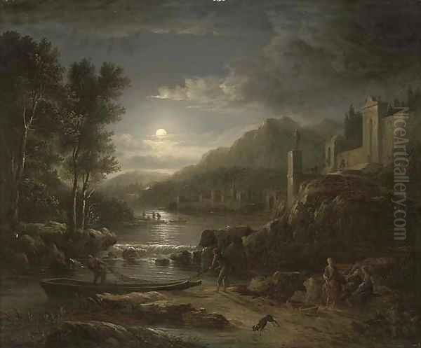 Fishermen along a river by moonlight - view 1