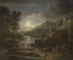 Fishermen along a river by moonlight by Abraham Pether