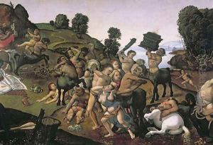The Fight Between the Lapiths and the Centaurs, detail of Centaurs attacking the Lapiths c.1490s by Cosimo Piero di