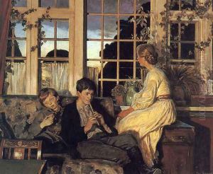 A Mother and Children by a Window at Dusk by Viggo Christian Frederick Pedersen