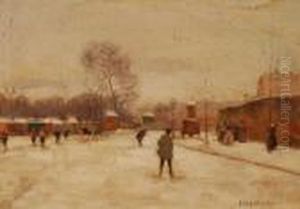 Busy Snow Covered Street Scene by Luigi Loir