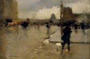 A Boulevard In Paris On A Rainy Day, The Pantheon Beyond by Luigi Loir