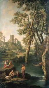 A river landscape with a peasant family, a man in a boat, fisherfolk and travellers A river landscape with a peasant family, a man in a boat, fisherfolk and travellers