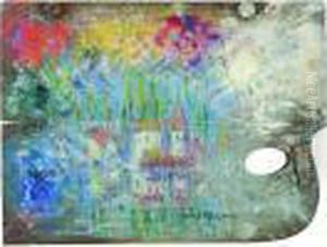 Reflets Dans L'eau, Palette Du Peintre Avec Un Paysage Suggere Reflets Dans L'eau, Palette Du Peintre Avec Un Paysage Suggere
