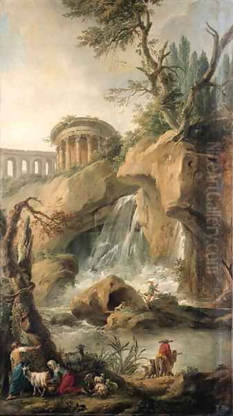 A view of the Falls of Tivoli with a peasant milking a goat, a traveller on a mule with a dog and fishermen on a rock - view 1