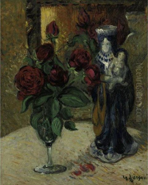 Statuette Et Roses Dans Un Vase - view 1