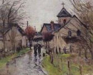 Villageoise Sous La Pluie, Pres De L'eglise