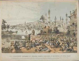 The treacherous massacre of English women and children at Cawnpore by Nena Sahib during the Indian Mutiny of 1857, printed 12th October 1857 by Thomas Packer