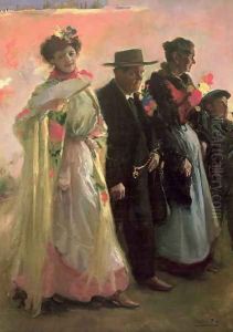 Villagers attending the celebrations of the patron of Madrid by Cecillio Pla Y Gallardo