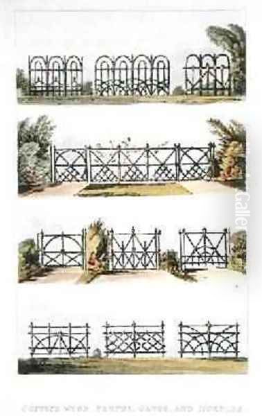 Coppice wood fences, gates and hurdles, from Ackermanns Repository of Arts, published 1823 - view 1