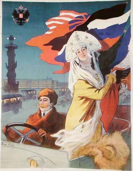 Couple in a motor car in St.Petersburg, poster advertising a French car destined for the Russian market, c.1912 - view 1