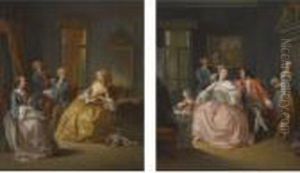 An Interior Scene With A Lady 
Having Her Hair Coiffured, Seatedbeside A Child And A Man, Two Maids 
Beyond