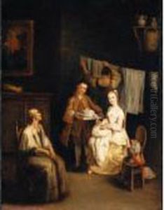 An Interior With A Boy-servant
Bringing A Young Lady A Bonnet, An Elderly Lady Seated Nearby And A Maid
Hanging Laundry Beyond (' An Interior With A Boy-servant
Bringing A Young Lady A Bonnet, An Elderly Lady Seated Nearby And A Maid
Hanging Laundry Beyond ('