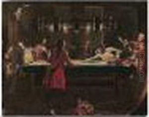 Elegant Figures Playing Billiards By Candle-light by Pietro Longhi