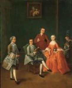 La Lettura: Tre Cavalieri In
Abito Galante, Una Dama Con Cagnolinoe Una Domestica In Un Interno
Veneziano by Pietro Longhi
