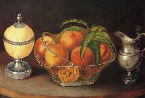 Basket of Peaches with Ostrich Egg and Cream Pitcher by Rubens Peale