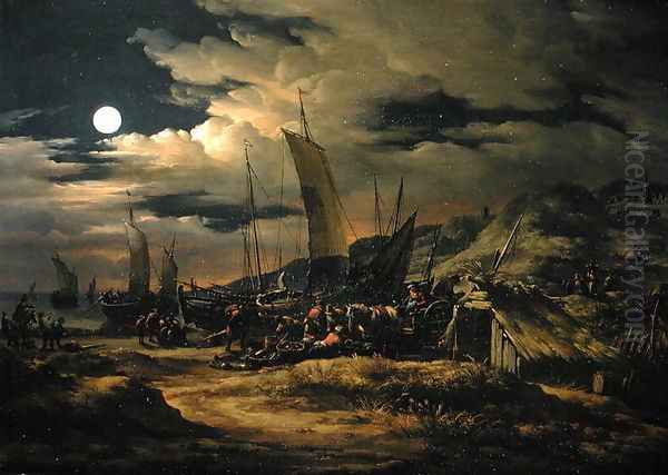 Seashore by moonlight with fishermen unloading their catch - view 1