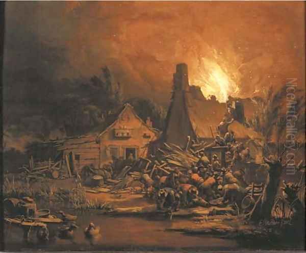 Villagers putting out a cottage fire at night - view 1
