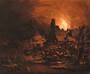 Villages burning at night by Egbert van der Poel