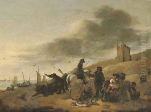 A horseman conversing with fisherfolk on a beach by Egbert van der Poel