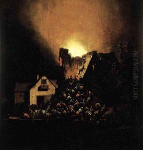 A house on fire at night with peasants coming to rescue