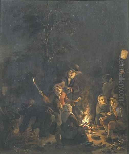 Boors gathered around a bonfire at night - view 1