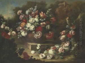Roses, Tulips, Carnations And 
Other Flowers In An Urn, With Otherflowers Beside, In A Landscape by Gasparo Lopez