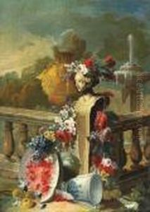 Stillleben Mit Blumen,fruchten Und Weiblicher Buste Vor Einer Parklandschaft