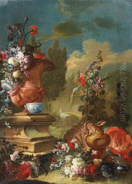 Stillleben Mit Blumen,fruchten Und Grosser Steinvase Vor Einer Parklandschaft - view 1