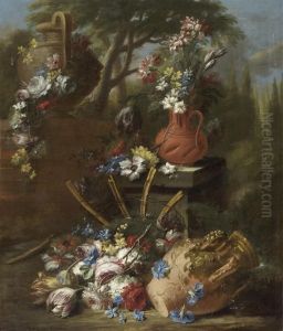Arrangement Of Flowers With Terracotta Vase In A Mediterranean Landscape by Gasparo Lopez