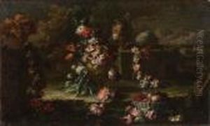 Vaso Con Fiori, Tralci Fioriti E
 Cestino Di Frutta In Un Giardino, Vasi Di Terracotta Su Una Balaustra E
 Paesaggio Sullo Sfondo