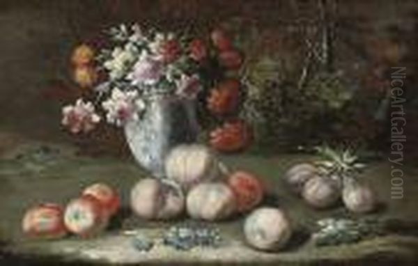 Chrysanthemums In A China Vase, With Apples, Peaches And Plums, Ina Landscape - view 1