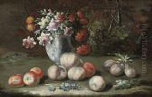 Chrysanthemums In A China Vase, With Apples, Peaches And Plums, Ina Landscape