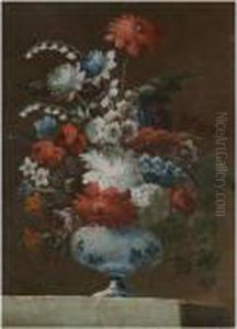 A Still Life Of Flowers In A Porcelain Vase Upon A Stoneledge by Gasparo Lopez