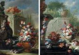 Mazzi Di Fiori In Vasi 
Artisticamente Decorati E Ghirlande Di Fioripresso Una Fontana Di Pietra
 In Un Parco by Gasparo Lopez