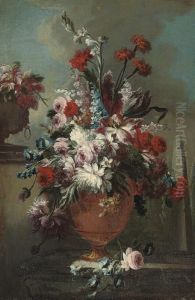 Roses, Carnations, Marigolds, 
Narcissi, Chrysanthemums And Otherflowers, In An Urn On A Ledge, An 
Obelisk Beyond by Gasparo Lopez