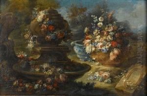 Chrysanthemums, Morning Glory, 
Roses And Otherflowers In A Bronze Urn Beside A Waterfall; And A 
Fountaindecorated With Garlands Of Flowers With Tulips, Roses And 
Otherflowers In A Large Dish