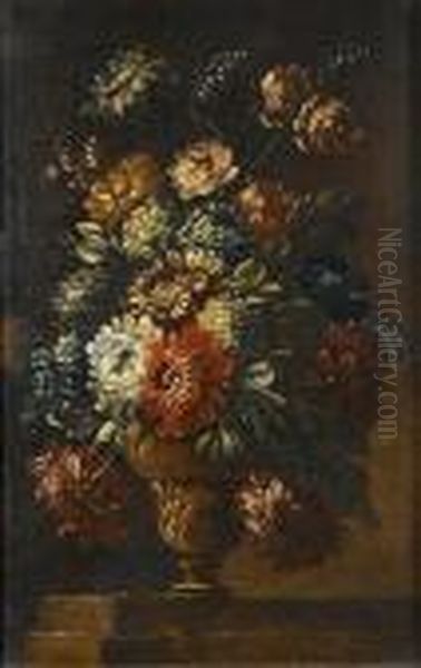 Chrysanthemums, Roses, Snowballs And Other Flowers In A Bronze Vase On A Stone Ledge - view 1