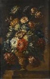 Chrysanthemums, Roses, Snowballs And Other Flowers In A Bronze Vase On A Stone Ledge