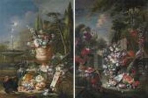 Tulips, Roses, 
Lily-of-the-valley And Other Flowers In An Urn, With Fruit In A 
Porcelain Bowl, A Silver Ewer And A Turkey, A Fountain And House Beyond;
 And Tulips, Roses, Lily-of-the-valley And Other Flowers In An Urn, With
 Fruit By A Porcelain Bo by Gasparo Lopez