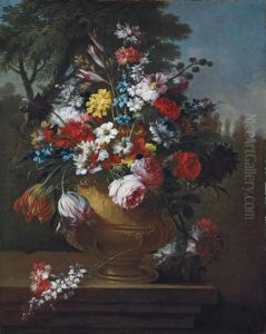 Roses, Tulips, Carnations, 
Chrysanthemums And Other Flowers In A Classical Urn, On A Ledge by Gasparo Lopez