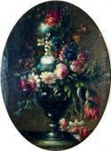 Tulips, Roses And Other Flowers In A Pewter Cup, On A Tabletop by Gasparo Lopez