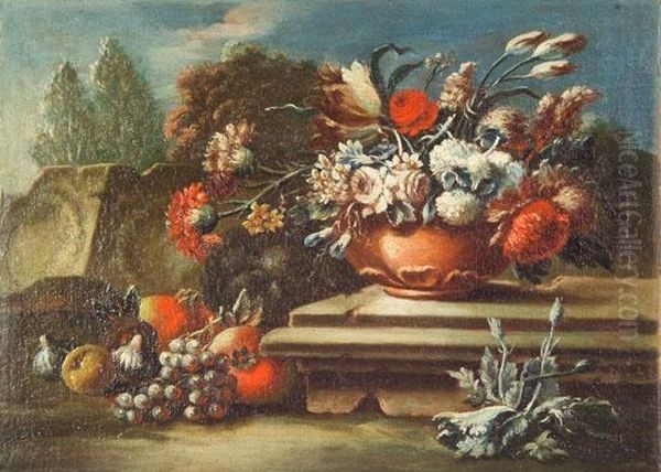 Lopez , Attr.a. Natura Morta En Plen Air Con Frutta E Vaso Di Fiori - view 1