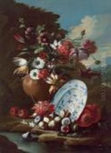 Natura Morta Di Un Vaso Di Fiori E Frutta Con Piatto In Paesaggio by Gasparo Lopez