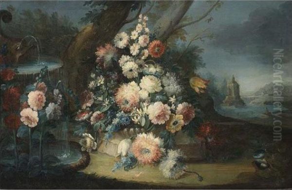 A Still Life Of Roses, Tulips,
Larkspur, Anemones And Other Flowers, In A Landscape Near A Fountain, A
River Landscape With A Fisherman Beyond;
A Still Life Of Roses, Tulips, Larkspur And Other Flowers, Near A
Classical Ornament With A Stone Vase, - view 1