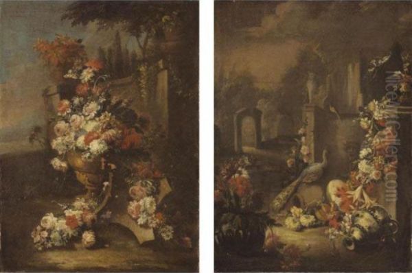 A Still Life With A Vase Of
Flowers Together With Floral Garlands, A Watermelon, A Ewer, In A
Parkland Setting - view 1