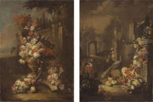 A Still Life With A Vase Of
Flowers Together With Floral Garlands, A Watermelon, A Ewer, In A
Parkland Setting by Gasparo Lopez